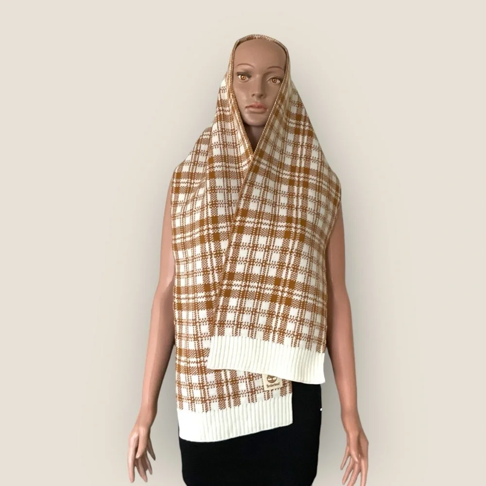 Timberland Plaid Scarf Tan Cream Knit Fall Academia Western Unisex Warm‎ Holiday
